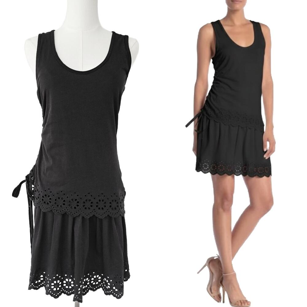DEREK LAM 10 CROSBY Black Scalloped Hem Eyelet Mini Dress Size Small Tank